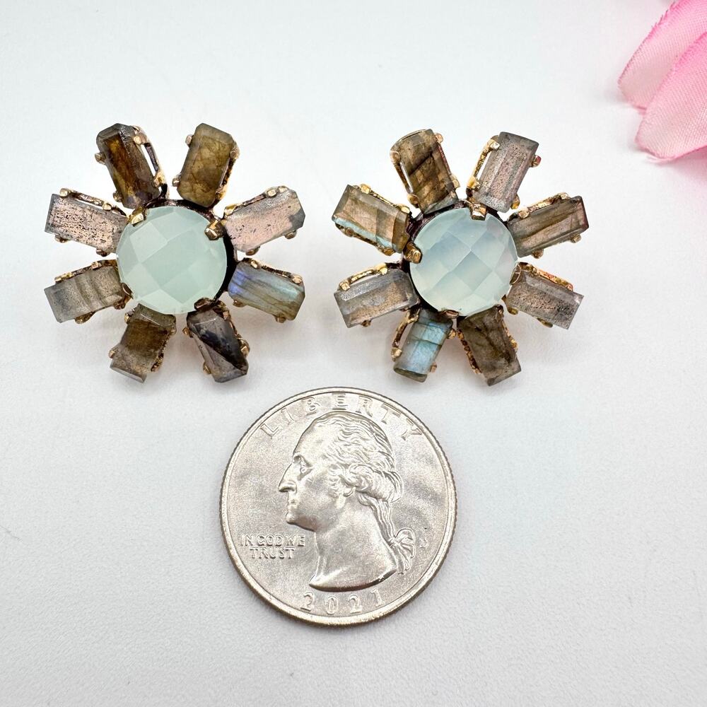 Labradorite Baguette Faceted Chalcedony 925 Sterling Silver Sunburst Earrings - Picture 10 of 14